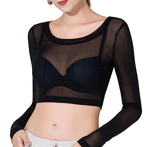 Top corto de malla transparente para mujer, blusa camisera transparente de manga larga, top corto de malla transparente de ajuste ceñido negro, cárdigan abierto en ambos lados para cubrir