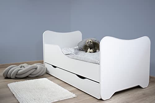 Topbeds Cama Infantil Happy Kitty con cajón 160x80 cm, Blanca, con colchón de Espuma, armazón de Madera de Haya, construcción Robusta, Segura, Lados elevados, cómoda, Bordes Redondeados