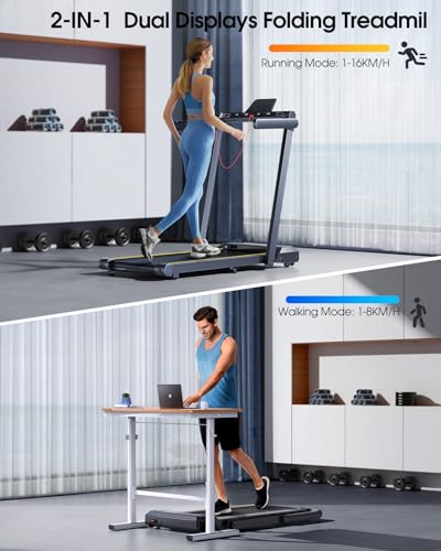 TOPUTURE Cinta de Correr Plegable, 2.5HP Hogar Cinta de Correr para el Debajo del Escritorio, 130 KG, 16KM/H, Dual Pantalla, Bocina Bluetooth, Frecuencia Cardíaca, App y Remoto Inalámbrico