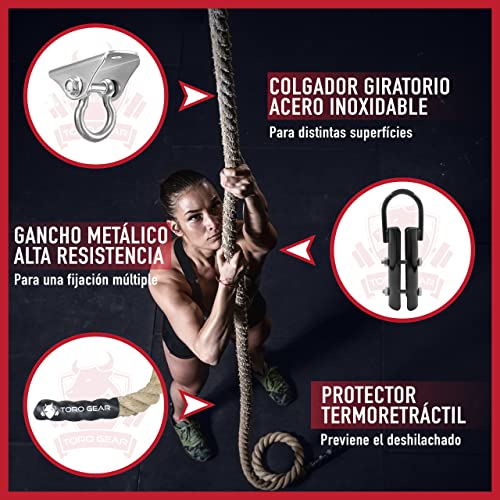 TORO GEAR | Cuerda para trepar de Yute 38 milímetros, 3-6 Metros | Cuerda Escalar Crossfit, gimnasios, Bomberos | con Gancho para Aire Libre, Entrenamiento de Fitness y Fuerza (38 mm X 4 m)