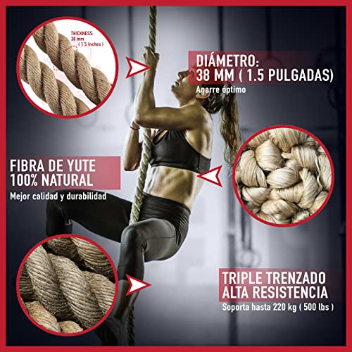 TORO GEAR | Cuerda para trepar de Yute 38 milímetros, 3-6 Metros | Cuerda Escalar Crossfit, gimnasios, Bomberos | con Gancho para Aire Libre, Entrenamiento de Fitness y Fuerza (38 mm X 4 m)