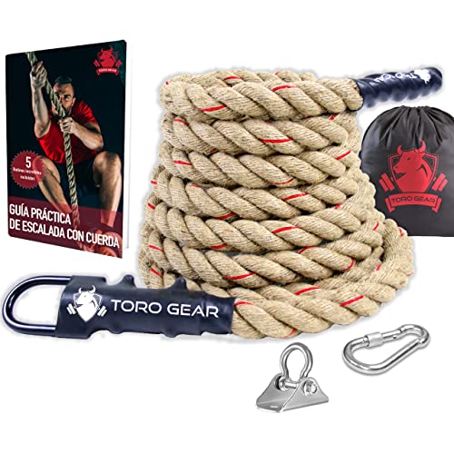 TORO GEAR | Cuerda para trepar de Yute 38 milímetros, 3-6 Metros | Cuerda Escalar Crossfit, gimnasios, Bomberos | con Gancho para Aire Libre, Entrenamiento de Fitness y Fuerza (38 mm X 4 m)