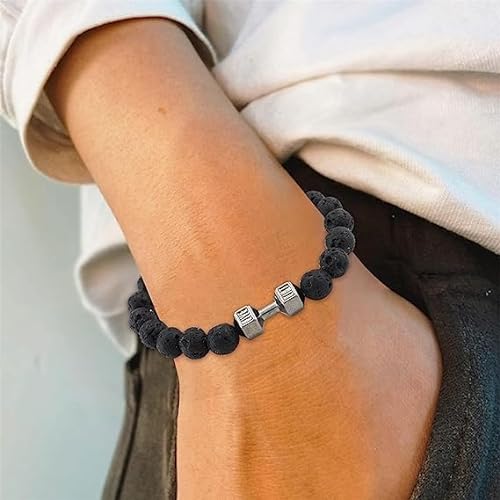 Traintough - Pulsera de mancuernas, pulsera de gimnasia, pulsera de mancuernas para hombres y mujeres, joyería de barra de acero inoxidable para hombres de fitness, juego de piedra volcánica negra