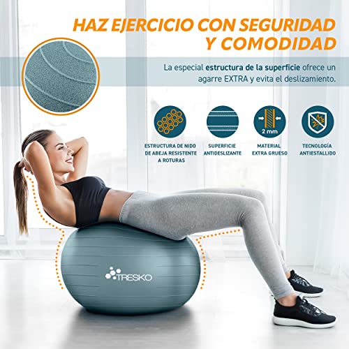 TRESKO® Pelota de Gimnasia Anti-Reventones | Bola de Yoga Pilates y Ejercicio | Balón para Sentarse | Balon de Ejercicio para Fitness | 300 kg | con Bomba de Aire (Cool Grey Blue, 65cm)