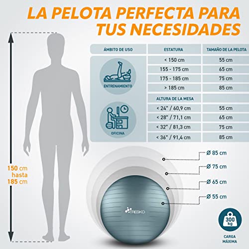 TRESKO® Pelota de Gimnasia Anti-Reventones | Bola de Yoga Pilates y Ejercicio | Balón para Sentarse | Balon de Ejercicio para Fitness | 300 kg | con Bomba de Aire (Cool Grey Blue, 65cm)