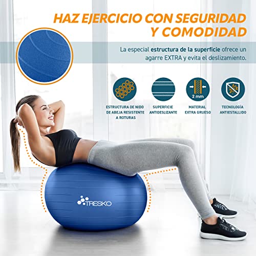 TRESKO® Pelota de Gimnasia Anti-Reventones | Bola de Yoga Pilates y Ejercicio | Balón para Sentarse | Balon de Ejercicio para Fitness | 300 kg | con Bomba de Aire (Azul índigo, 55cm)