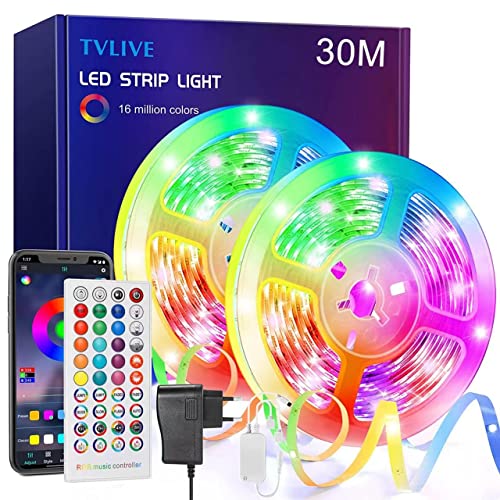 TVLIVE Tira Luces Led Habitacion 30M, Controladas por APP y IR Control 40 Teclas, Modo Musical y Temporizador, rgb Para Fiesta Hogar TV Bar