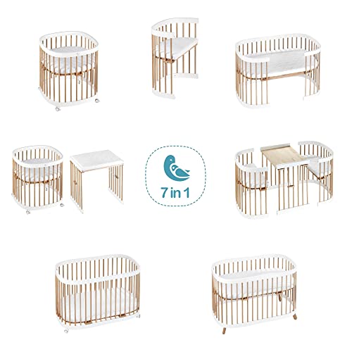 tweeto® Cuna 7 en 1 (Plus) Conjunto Todo EN UNO │Cuna Ampliable hasta 10 Funciones con colchón Transpirable │ Cama de Madera de Haya para bebés y niños (Blanco + Haya)