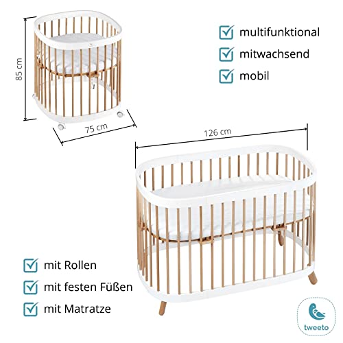 tweeto® Cuna 7 en 1 (Plus) Conjunto Todo EN UNO │Cuna Ampliable hasta 10 Funciones con colchón Transpirable │ Cama de Madera de Haya para bebés y niños (Blanco + Haya)