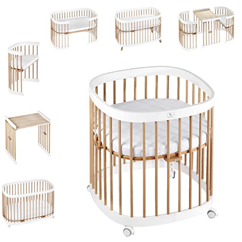 tweeto® Cuna 7 en 1 (Plus) Conjunto Todo EN UNO │Cuna Ampliable hasta 10 Funciones con colchón Transpirable │ Cama de Madera de Haya para bebés y niños (Blanco + Haya)