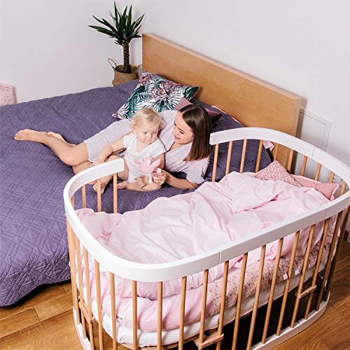 tweeto® Cuna 7 en 1 (Plus) Conjunto Todo EN UNO │Cuna Ampliable hasta 10 Funciones con colchón Transpirable │ Cama de Madera de Haya para bebés y niños (Blanco + Haya)