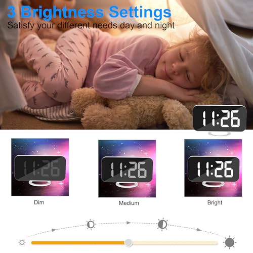 U-picks Espejo Reloj Despertador, Reloj Despertador Digital, Pantalla LED Grande de con Modo de atenuación, Brillo Ajustable, 2 Puertos de Carga USB Botón Snooze Grande para la Dormitorio-Blanco