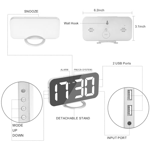 U-picks Espejo Reloj Despertador, Reloj Despertador Digital, Pantalla LED Grande de con Modo de atenuación, Brillo Ajustable, 2 Puertos de Carga USB Botón Snooze Grande para la Dormitorio-Blanco