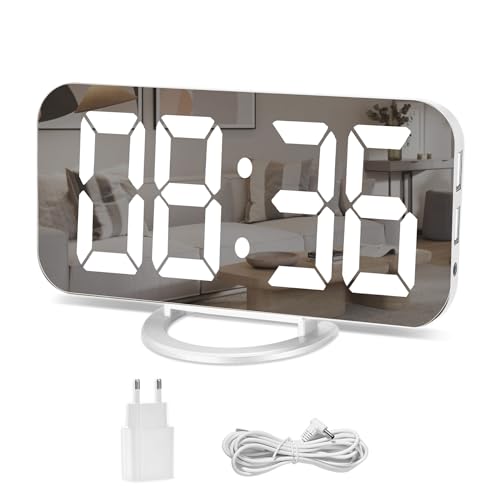 U-picks Espejo Reloj Despertador, Reloj Despertador Digital, Pantalla LED Grande de con Modo de atenuación, Brillo Ajustable, 2 Puertos de Carga USB Botón Snooze Grande para la Dormitorio-Blanco