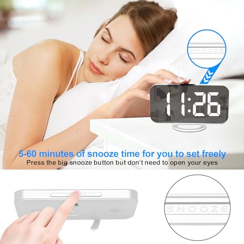 U-picks Espejo Reloj Despertador, Reloj Despertador Digital, Pantalla LED Grande de con Modo de atenuación, Brillo Ajustable, 2 Puertos de Carga USB Botón Snooze Grande para la Dormitorio-Blanco