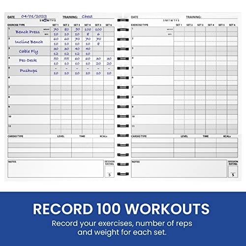 Ultimate Gym - Cuaderno de registros de entrenamiento, XL A5, agenda de ejercicios y entrenamiento, 100 páginas con ejercicios de cardio y notas, establecer objetivos y seguir el progreso - (azul)