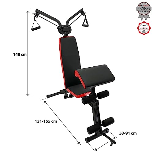 Ultrasport Entrenador de fuerza multifuncional, para entrenamientos versátiles y de todo el cuerpo, con extensión de polea/bandas de resistencia y estación de curl, color: Negro-Rojo