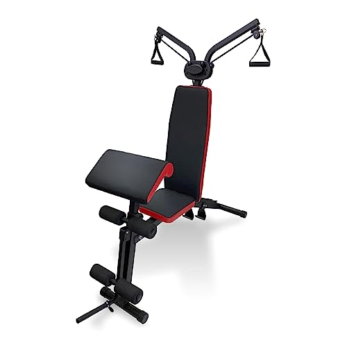 Ultrasport Entrenador de fuerza multifuncional, para entrenamientos versátiles y de todo el cuerpo, con extensión de polea/bandas de resistencia y estación de curl, color: Negro-Rojo