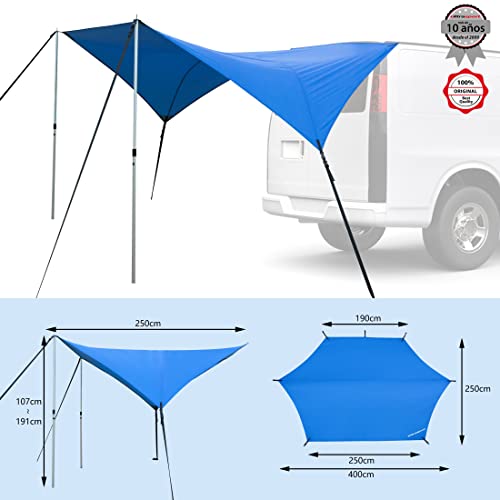 Ultrasport toldo para vehículos, apto para coches, furgonetas y autocaravanas, protege del sol y la lluvia, material duradero y robusto, ventosas y pinzas integradas, postes y correas, azul