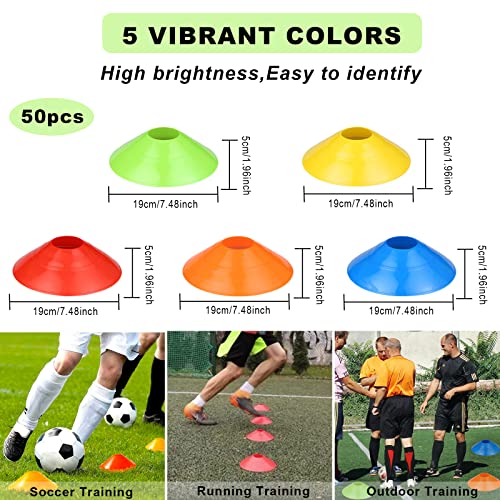 UNIDEAL Juego de Conos de Fútbol, 50 piezas Conos De Disco para Entrenamiento con Correas con Hebilla, Bolsillos de Malla, Conos de Marcado para Entrenamiento de Fútbol y Marcado de Canchas, 5 Colores