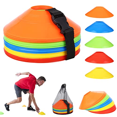 UNIDEAL Juego de Conos de Fútbol, 50 piezas Conos De Disco para Entrenamiento con Correas con Hebilla, Bolsillos de Malla, Conos de Marcado para Entrenamiento de Fútbol y Marcado de Canchas, 5 Colores