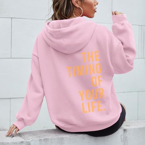 UnoSheng Sudadera con capucha para mujer, manga larga y cremallera sin espalda, con texto "The Timing of You Life", Rosa., XXXL