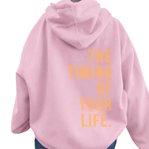 UnoSheng Sudadera con capucha para mujer, manga larga y cremallera sin espalda, con texto "The Timing of You Life", Rosa., XXXL