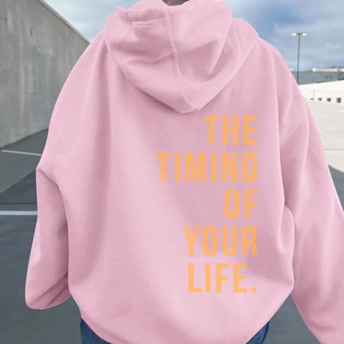 UnoSheng Sudadera con capucha para mujer, manga larga y cremallera sin espalda, con texto "The Timing of You Life", Rosa., XXXL