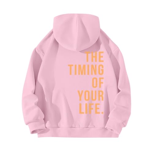 UnoSheng Sudadera con capucha para mujer, manga larga y cremallera sin espalda, con texto "The Timing of You Life", Rosa., XXXL