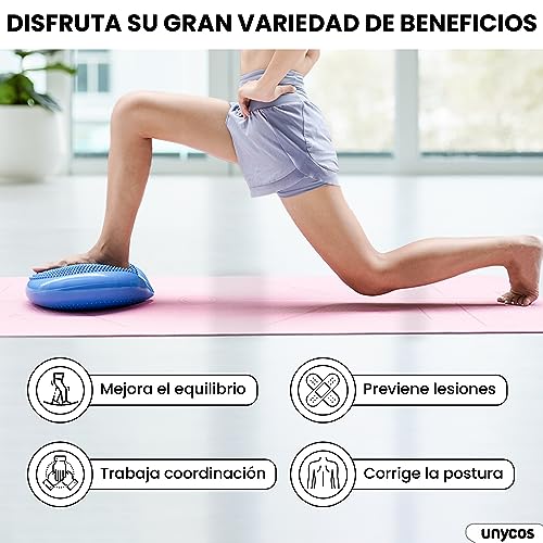 unycos - Cojín de Equilibrio y Yoga Antideslizante de 34 cm con Bombín de Aire, Propioceptivo e Hinchable, Soporte Lumbar, Semi Esfera Bosu para Fitness, Pilates y Rehabilitación (Azul)