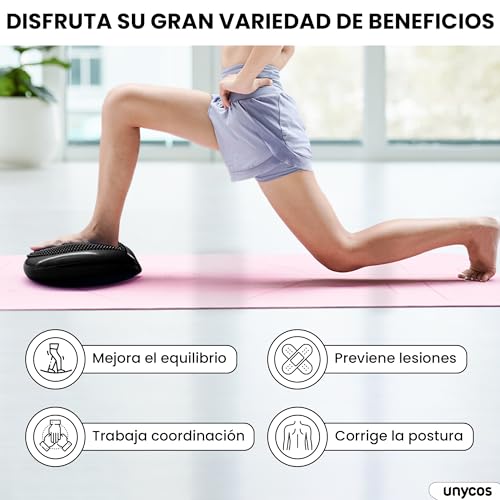 unycos - Cojín de Equilibrio y Yoga Antideslizante de 34 cm con Bombín de Aire, Propioceptivo e Hinchable, Soporte Lumbar, Semi Esfera Bosu para Fitness, Pilates y Rehabilitación (Negro)