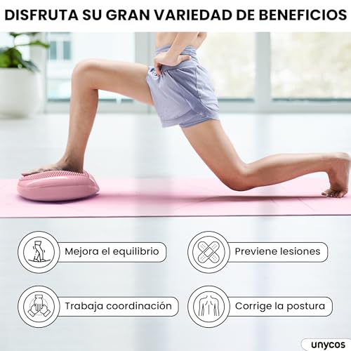 unycos - Cojín de Equilibrio y Yoga Antideslizante de 34 cm con Bombín de Aire, Propioceptivo e Hinchable, Soporte Lumbar, Semi Esfera para Fitness, Pilates y Rehabilitación (Rosa Claro)