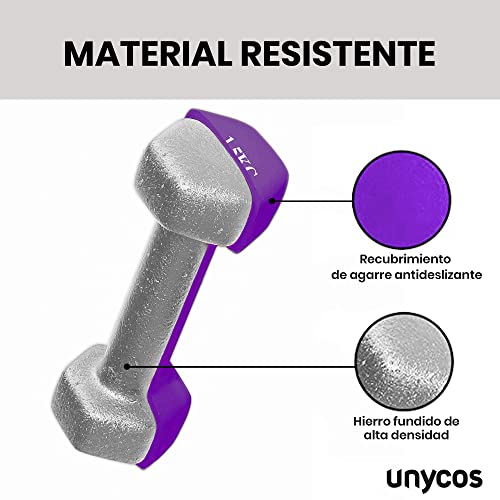 unycos - Juego de 2 Mancuernas Antideslizantes de Neopreno 1,5kg con Diseño Hexagonal Anti-Rodadura, Ergonómicas, Pesas para Entrenamiento de Fuerza, Fitness y Pilates, Gimnasio en Casa