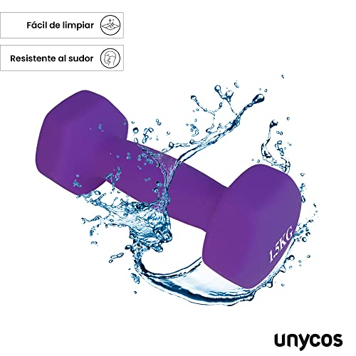 unycos - Juego de 2 Mancuernas Antideslizantes de Neopreno 1,5kg con Diseño Hexagonal Anti-Rodadura, Ergonómicas, Pesas para Entrenamiento de Fuerza, Fitness y Pilates, Gimnasio en Casa