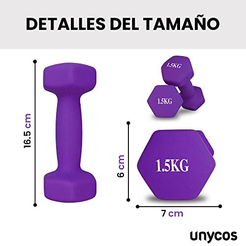 unycos - Juego de 2 Mancuernas Antideslizantes de Neopreno 1,5kg con Diseño Hexagonal Anti-Rodadura, Ergonómicas, Pesas para Entrenamiento de Fuerza, Fitness y Pilates, Gimnasio en Casa