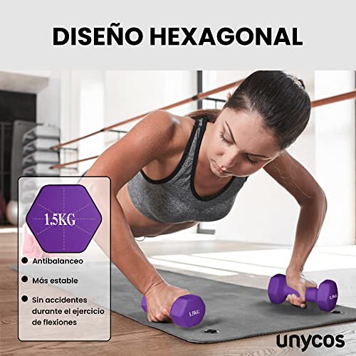 unycos - Juego de 2 Mancuernas Antideslizantes de Neopreno 1,5kg con Diseño Hexagonal Anti-Rodadura, Ergonómicas, Pesas para Entrenamiento de Fuerza, Fitness y Pilates, Gimnasio en Casa