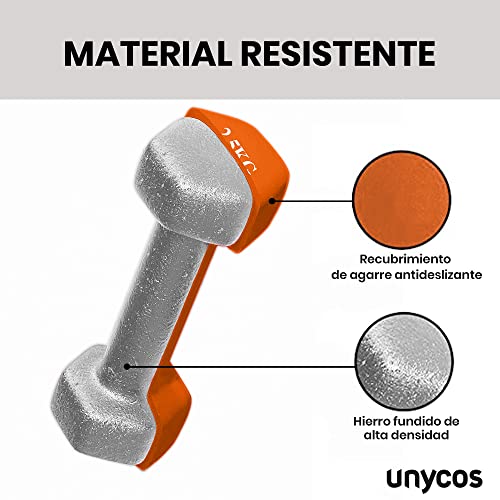 unycos - Juego de 2 Mancuernas Antideslizantes de Neopreno 2,5kg con Diseño Hexagonal Anti-Rodadura, Ergonómicas, Pesas para Entrenamiento de Fuerza, Fitness y Pilates, Gimnasio en Casa