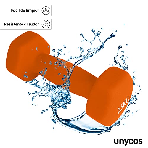 unycos - Juego de 2 Mancuernas Antideslizantes de Neopreno 2,5kg con Diseño Hexagonal Anti-Rodadura, Ergonómicas, Pesas para Entrenamiento de Fuerza, Fitness y Pilates, Gimnasio en Casa