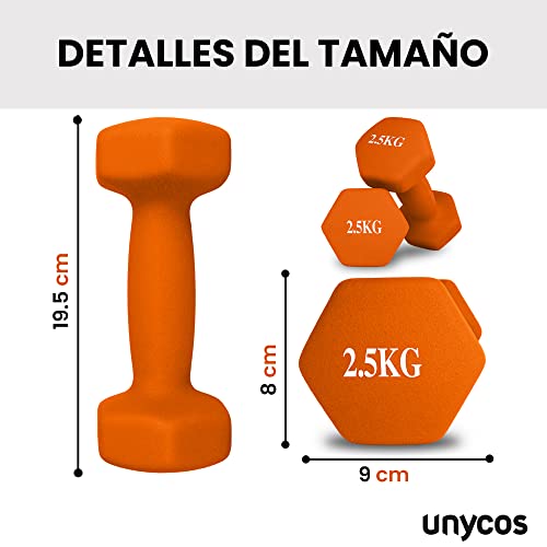 unycos - Juego de 2 Mancuernas Antideslizantes de Neopreno 2,5kg con Diseño Hexagonal Anti-Rodadura, Ergonómicas, Pesas para Entrenamiento de Fuerza, Fitness y Pilates, Gimnasio en Casa