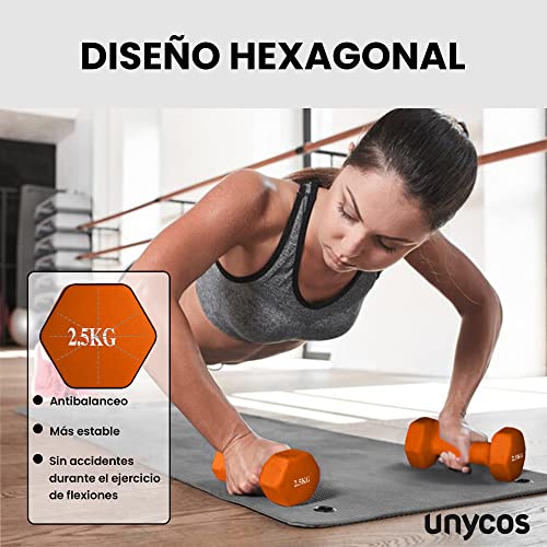 unycos - Juego de 2 Mancuernas Antideslizantes de Neopreno 2,5kg con Diseño Hexagonal Anti-Rodadura, Ergonómicas, Pesas para Entrenamiento de Fuerza, Fitness y Pilates, Gimnasio en Casa