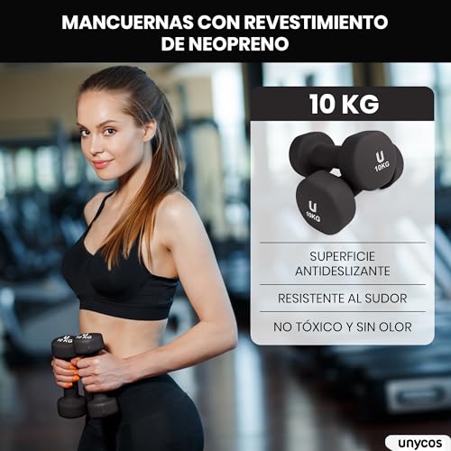 unycos - Juego de 2 Mancuernas Antideslizantes de Neopreno, Disponibles de 10kg con Cabezales Redondos, Pesas para Entrenamiento de Fuerza, Fitness y Pilates, Gimnasio en Casa (Gris Oscuro)