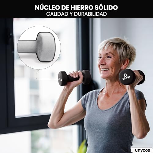 unycos - Juego de 2 Mancuernas Antideslizantes de Neopreno, Disponibles de 10kg con Cabezales Redondos, Pesas para Entrenamiento de Fuerza, Fitness y Pilates, Gimnasio en Casa (Gris Oscuro)