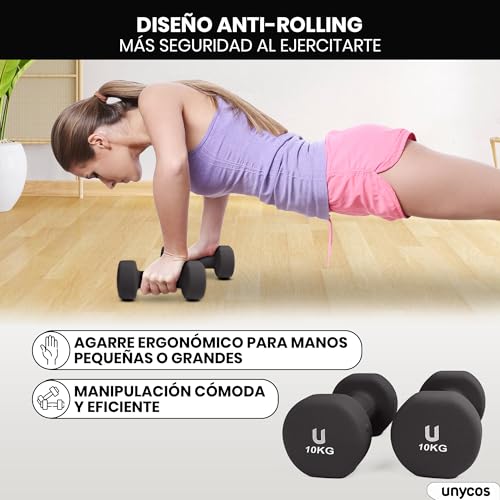 unycos - Juego de 2 Mancuernas Antideslizantes de Neopreno, Disponibles de 10kg con Cabezales Redondos, Pesas para Entrenamiento de Fuerza, Fitness y Pilates, Gimnasio en Casa (Gris Oscuro)