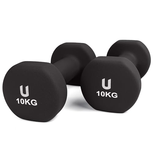 unycos - Juego de 2 Mancuernas Antideslizantes de Neopreno, Disponibles de 10kg con Cabezales Redondos, Pesas para Entrenamiento de Fuerza, Fitness y Pilates, Gimnasio en Casa (Gris Oscuro)