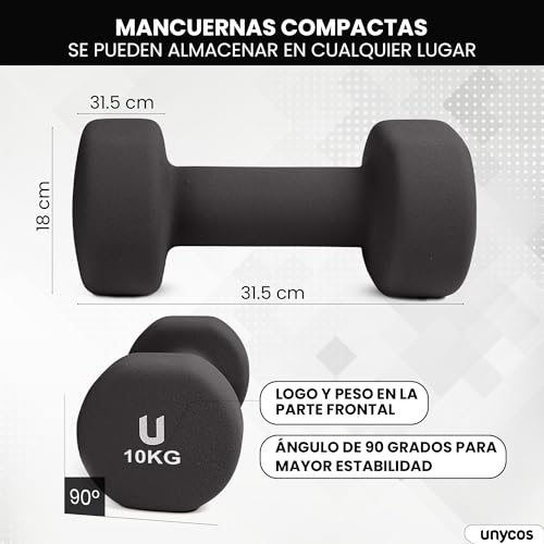 unycos - Juego de 2 Mancuernas Antideslizantes de Neopreno, Disponibles de 10kg con Cabezales Redondos, Pesas para Entrenamiento de Fuerza, Fitness y Pilates, Gimnasio en Casa (Gris Oscuro)