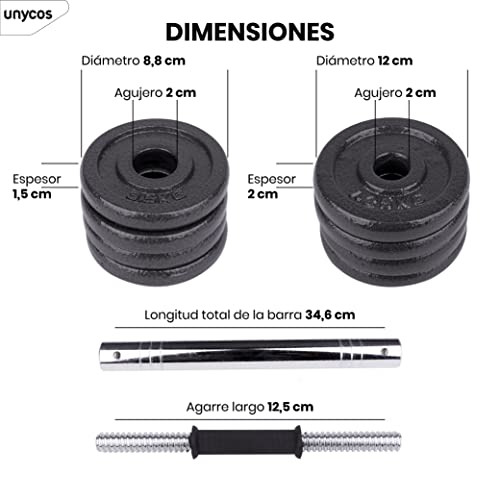 unycos - Juego de Pesas 15-50 kg con Barra y Maletín de Almacenamiento, Mancuernas Ajustables de Hierro, Recubrimiento Resistente, Agarre Ergonómico de Goma, Fácil Montaje, Gimnasio en Casa, Fitness