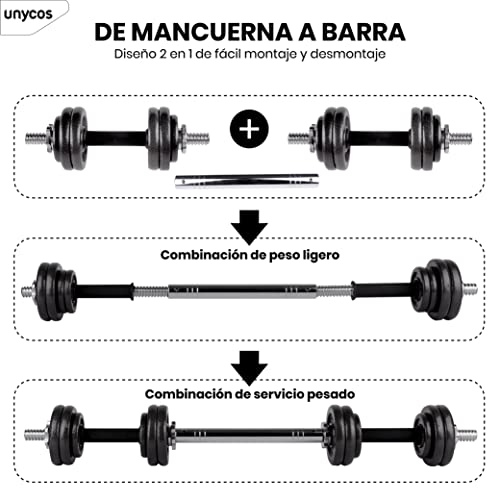 unycos - Juego de Pesas 15-50 kg con Barra y Maletín de Almacenamiento, Mancuernas Ajustables de Hierro, Recubrimiento Resistente, Agarre Ergonómico de Goma, Fácil Montaje, Gimnasio en Casa, Fitness