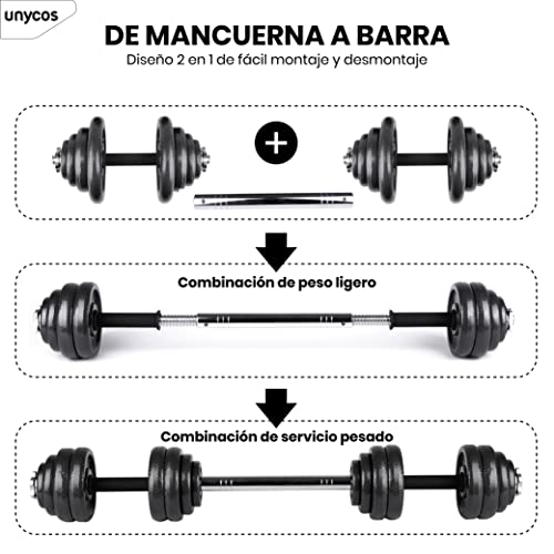 unycos - Juego de Pesas 15-50 kg con Barra y Maletín de Almacenamiento, Mancuernas Ajustables de Hierro, Recubrimiento Resistente, Agarre Ergonómico de Goma, Fácil Montaje, Gimnasio en Casa, Fitness