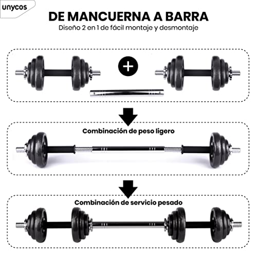 unycos - Juego de Pesas de 20 kg con Barra y Maletín de Almacenamiento, Mancuernas Ajustables de Hierro, Recubrimiento Resistente, Agarre Ergonómico de Goma, Fácil Montaje, Gimnasio en Casa, Fitness