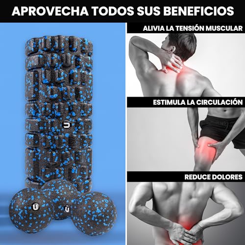 unycos - Kit de EPP 4 en 1, Rodillo de Masaje Muscular, Foam Roller Pequeño y Bolas de Masaje en Espuma EPP, Ideales para Ejercicios de Yoga, Pilates, Fitness, Recuperación Muscular